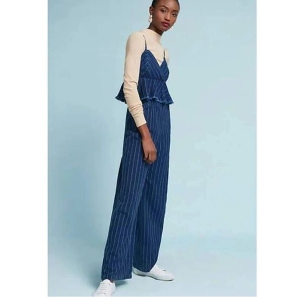 Anthropologie ett:twa Striped Jumpsuit Blue High Waist Peplum Womens